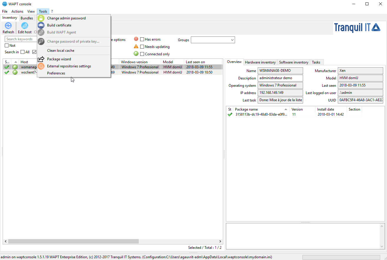 WAPT console preferences menu