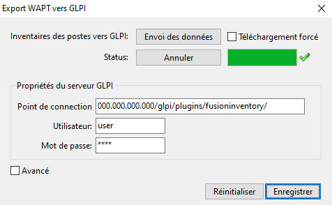 La console WAPT affichant la configuration de GLPI dans WAPT