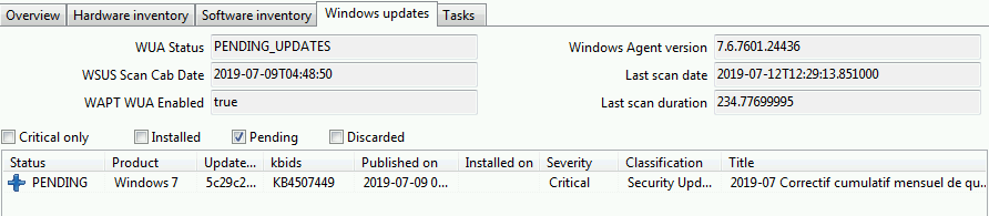 Les mises à jour Windows en attente affichées dans la console WAPT