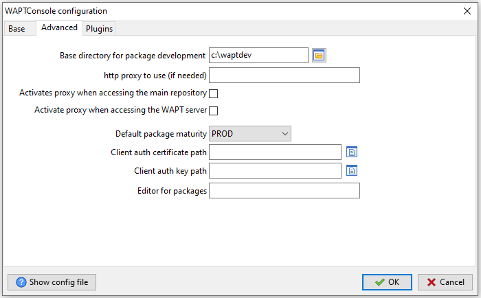 Onglet Avancé pour les options de configuration avancé