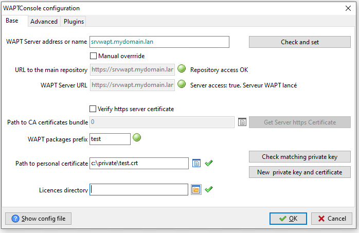 L'onglet basique pour les options de configuration de la console WAPT