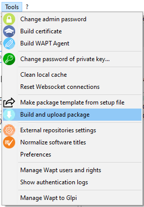 Option du menu pour construire et téléverser un paquet WAPT depuis la console vers un dépôt