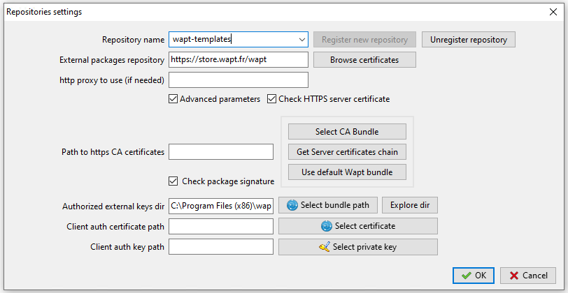 Fenêtre pour configurer les dépôt externes