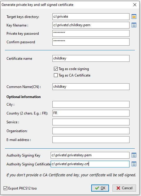 Génération d'un certificat avec l'attribut *Pour Signature de code*