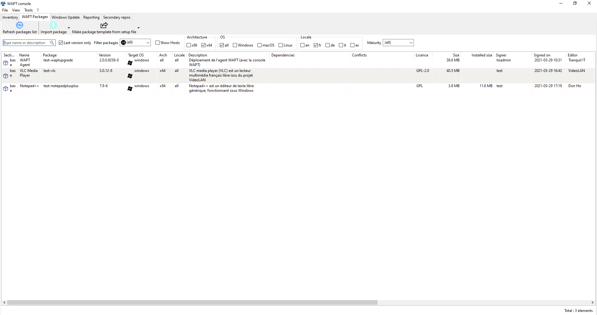 Les dépôts disponibles sur la console WAPT