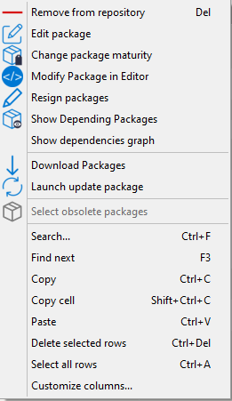 Options de menu pour les référentiels