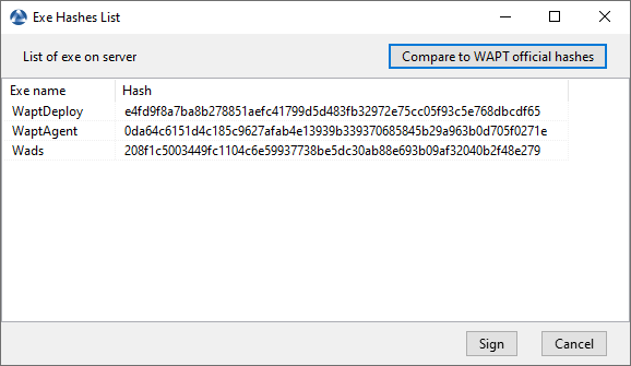 Fenêtre de signature des binaires dans la console WAPT