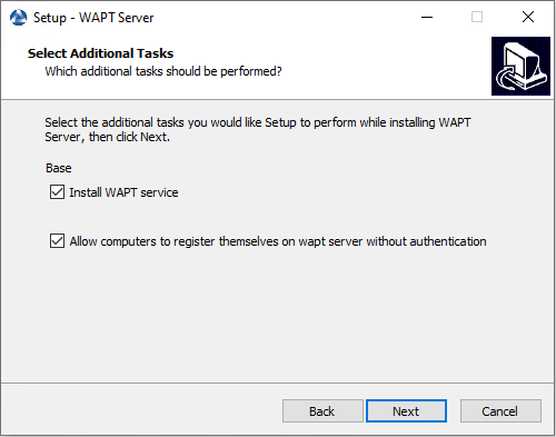 Choosing the installer options for deploying the WAPT Serer