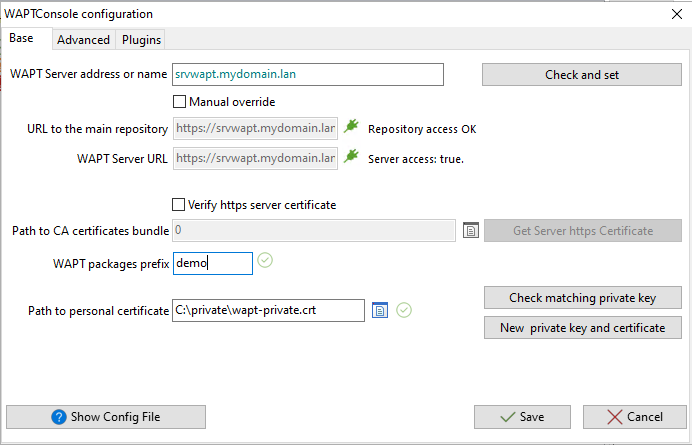 Window for the basic configuration of the WAPT Console