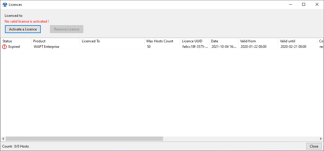 Fenêtre montrant une licence expirée dans la console WAPT