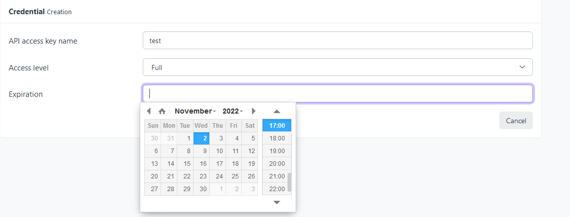 Saisir le nom de la clé API, le niveau d'accès (access_level) et l'expiration