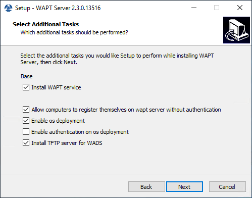 Choisir les options du programme d'installation pour le déploiement du serveur WAPT