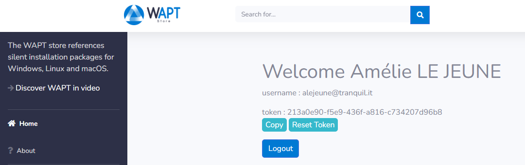 Interface Web du WAPT Store pour réinitialiser le token