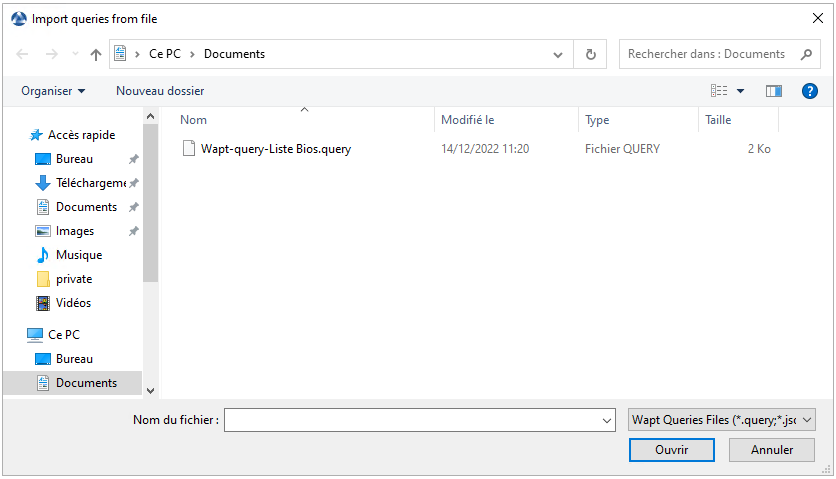 Importer une requête SQL dans la Console WAPT à partir d'un fichier