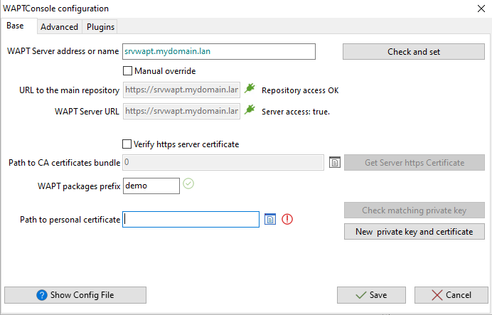 Fenêtre pour la configuration basique de la Console WAPT