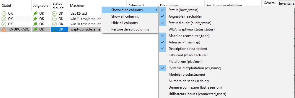 Gestion de l'affichage des colonnes dans la Console WAPT