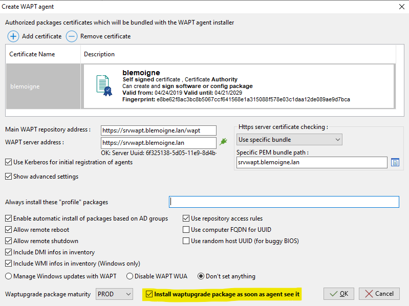 Capture d'écran de la Console WAPT montrant la case à cocher "Installer le paquet waptupgrade dès que l'agent le voit"