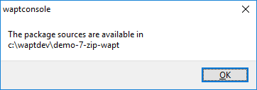 Fenêtre de message indiquant dans la Console WAPT que le packaging WAPT a été téléchargé dans le dépôt WAPT