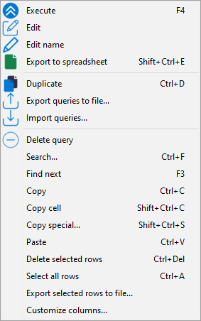 Options disponibles pour un rapport de requête SQL dans la Console WAPT