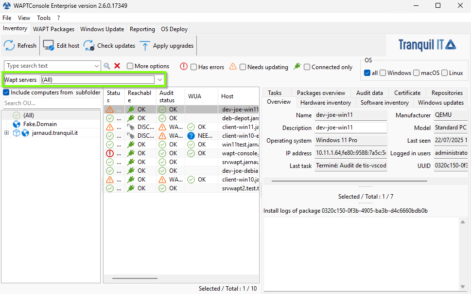 choisissez votre serveur wapt dans la console wapt