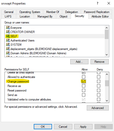 Permission Modifier le mot de passe