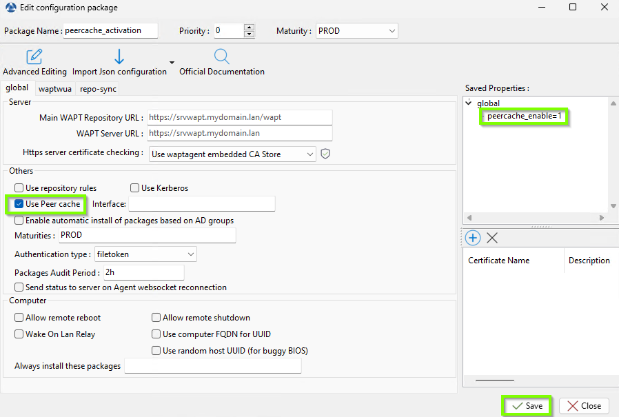 paquet de configuration pour activer peercache