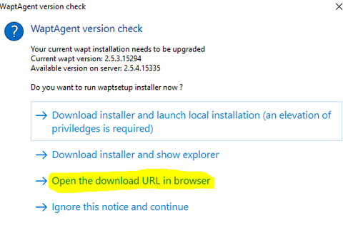 Capture d'écran de la Console WAPT montrant le bouton "Open the download url of the waptsetup in the brower"