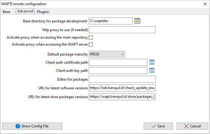 Window for the advanced configuration of the WAPT Console