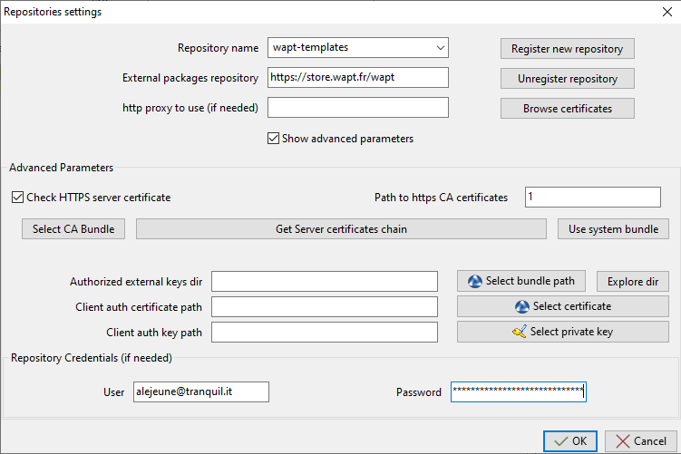 Paramètres avancés de la Console WAPT pour les informations d'identification