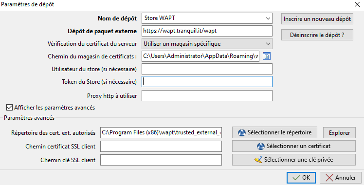 Paramètres avancés de la Console WAPT pour les informations d'identification