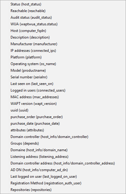 Host inventory menu list