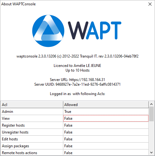 Window for managing WAPT licences in the WAPT Console