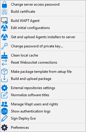 Liste de menus pour la gestion des ACL dans la Console WAPT