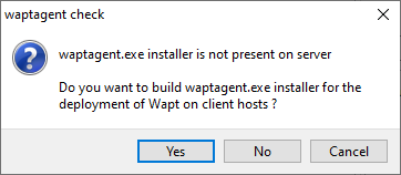 Boîte de dialogue informant que l'Agent WAPT n'est pas présent sur le Serveur WAPT