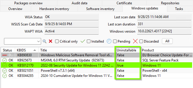 wapt kb uninstalable status